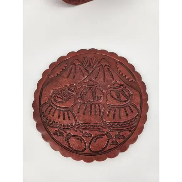 Genuine Peruvian Tooled Leather Coaster Set with Holder - Picture 10 of 12